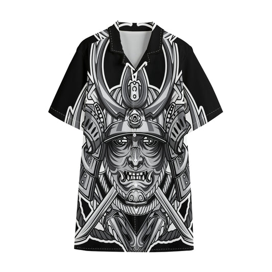 Silver Samurai Mask Print Cotton Hawaiian Shirt