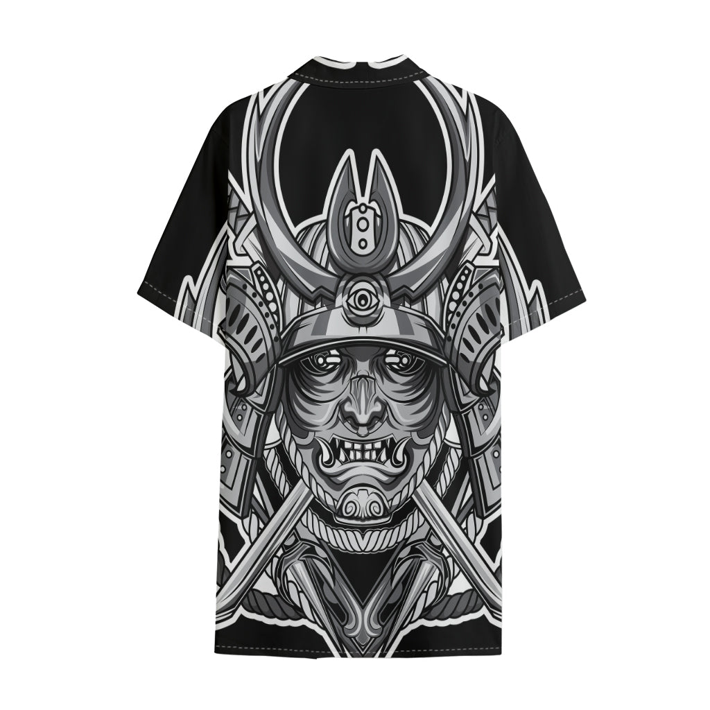Silver Samurai Mask Print Cotton Hawaiian Shirt