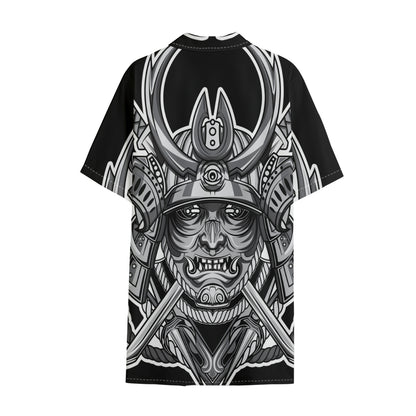 Silver Samurai Mask Print Cotton Hawaiian Shirt