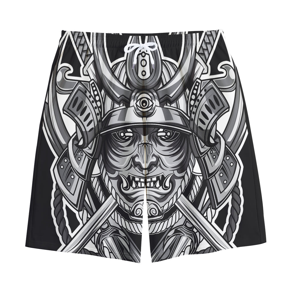 Silver Samurai Mask Print Cotton Shorts