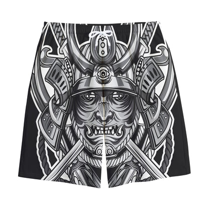 Silver Samurai Mask Print Cotton Shorts