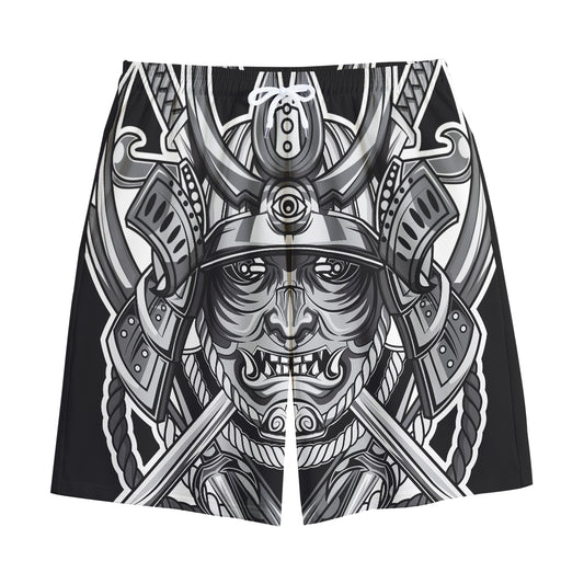 Silver Samurai Mask Print Cotton Shorts