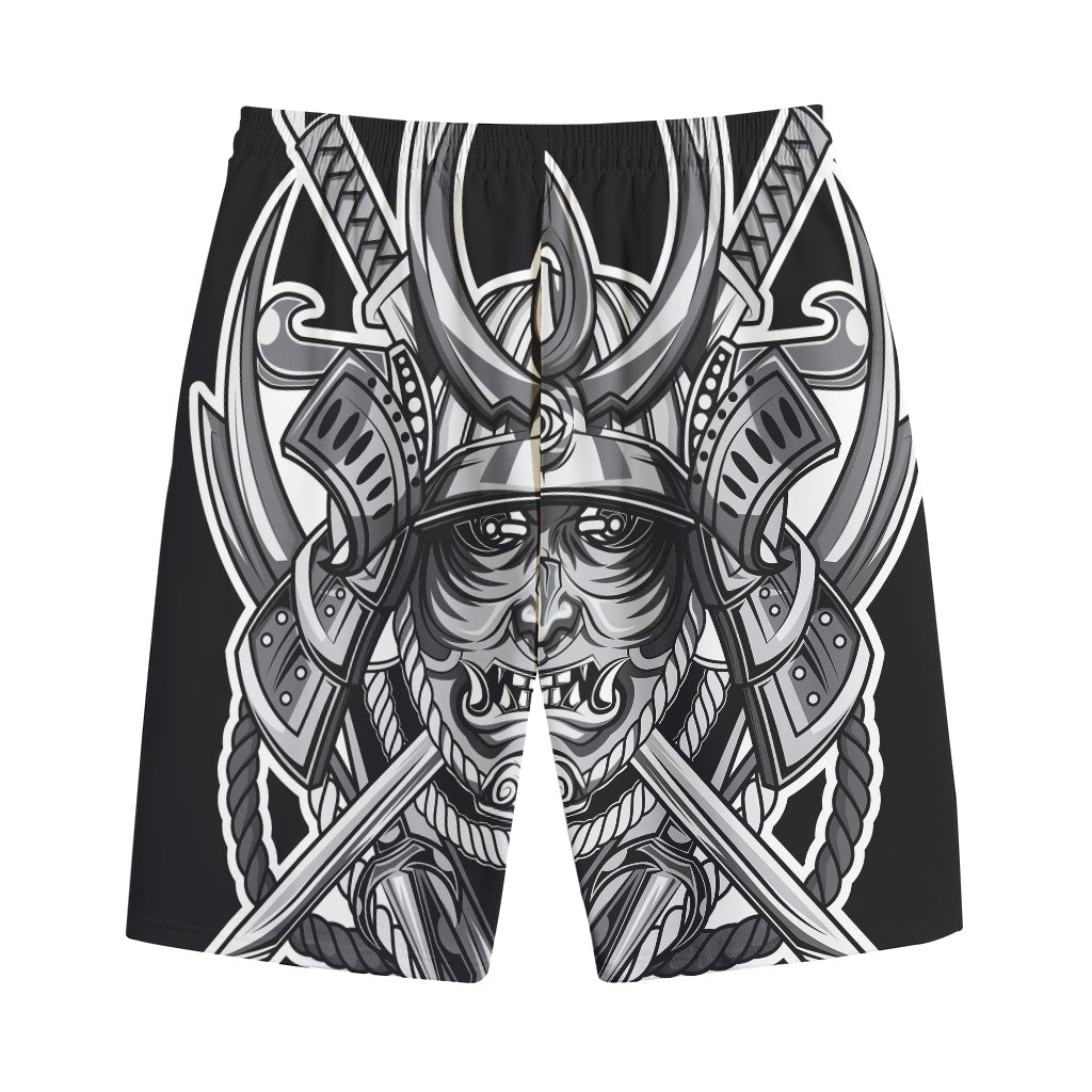 Silver Samurai Mask Print Cotton Shorts