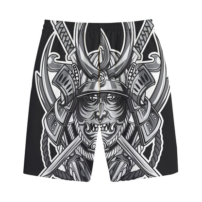 Silver Samurai Mask Print Cotton Shorts