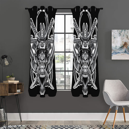 Silver Samurai Mask Print Curtain