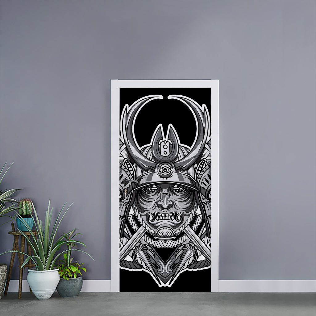 Silver Samurai Mask Print Door Sticker