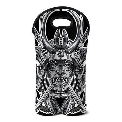 Silver Samurai Mask Print Double Neoprene Wine Tote