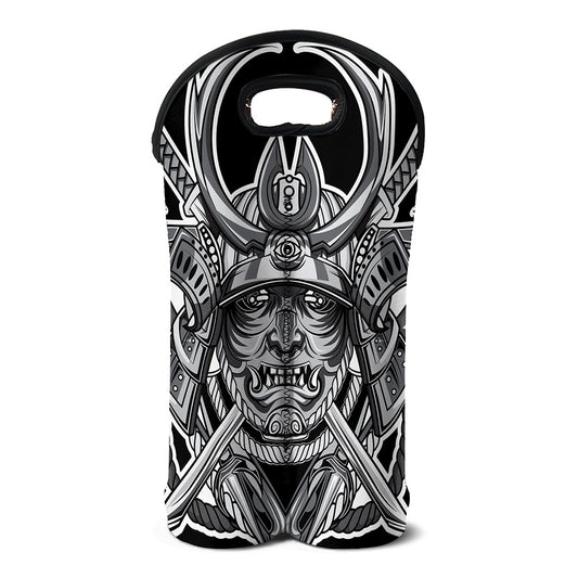 Silver Samurai Mask Print Double Neoprene Wine Tote