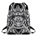 Silver Samurai Mask Print Drawstring Backpack