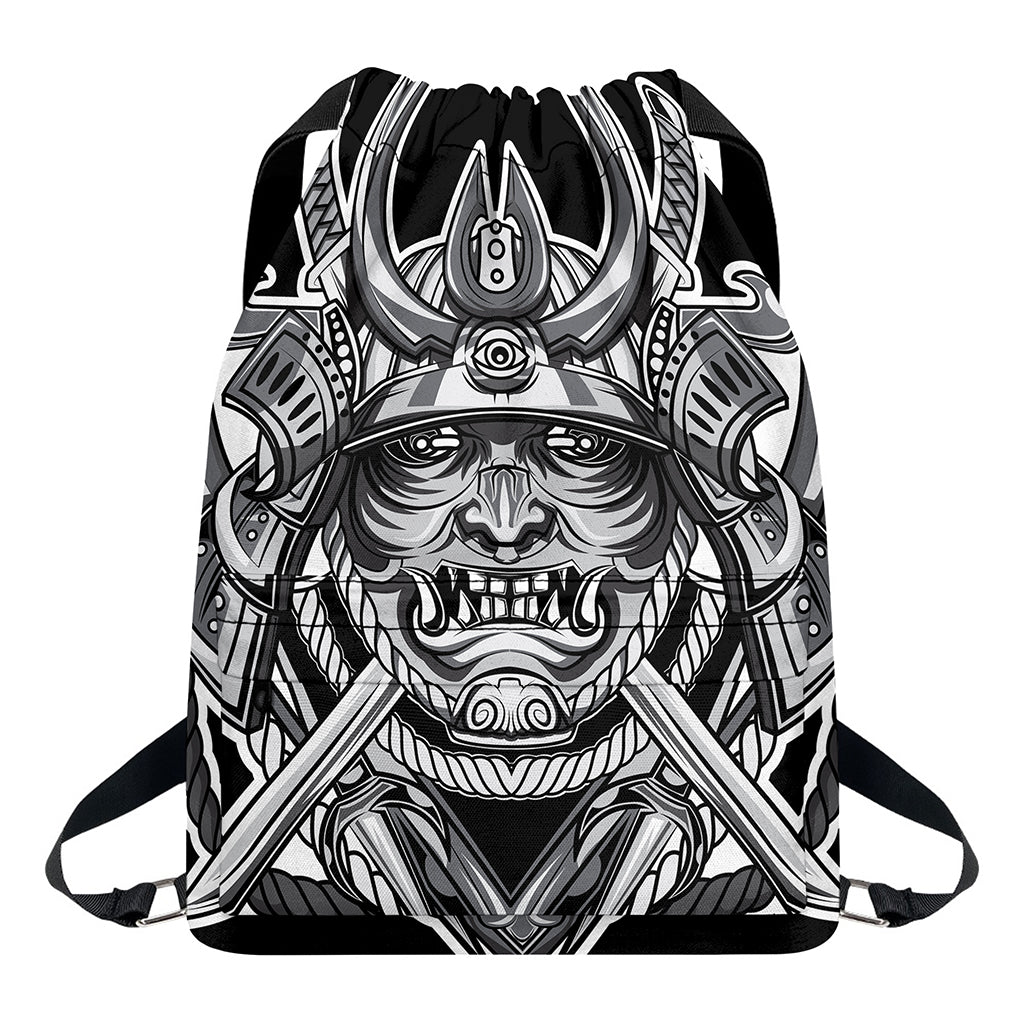 Silver Samurai Mask Print Drawstring Backpack