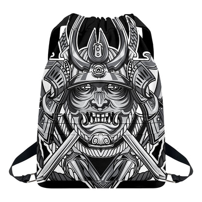 Silver Samurai Mask Print Drawstring Backpack