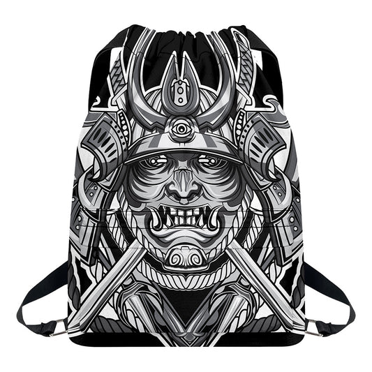 Silver Samurai Mask Print Drawstring Backpack