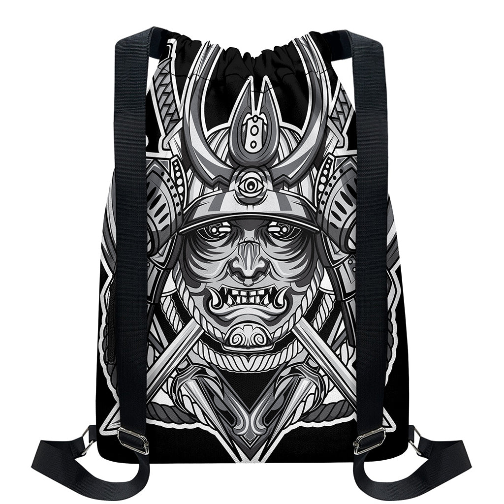 Silver Samurai Mask Print Drawstring Backpack