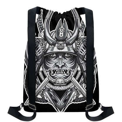 Silver Samurai Mask Print Drawstring Backpack