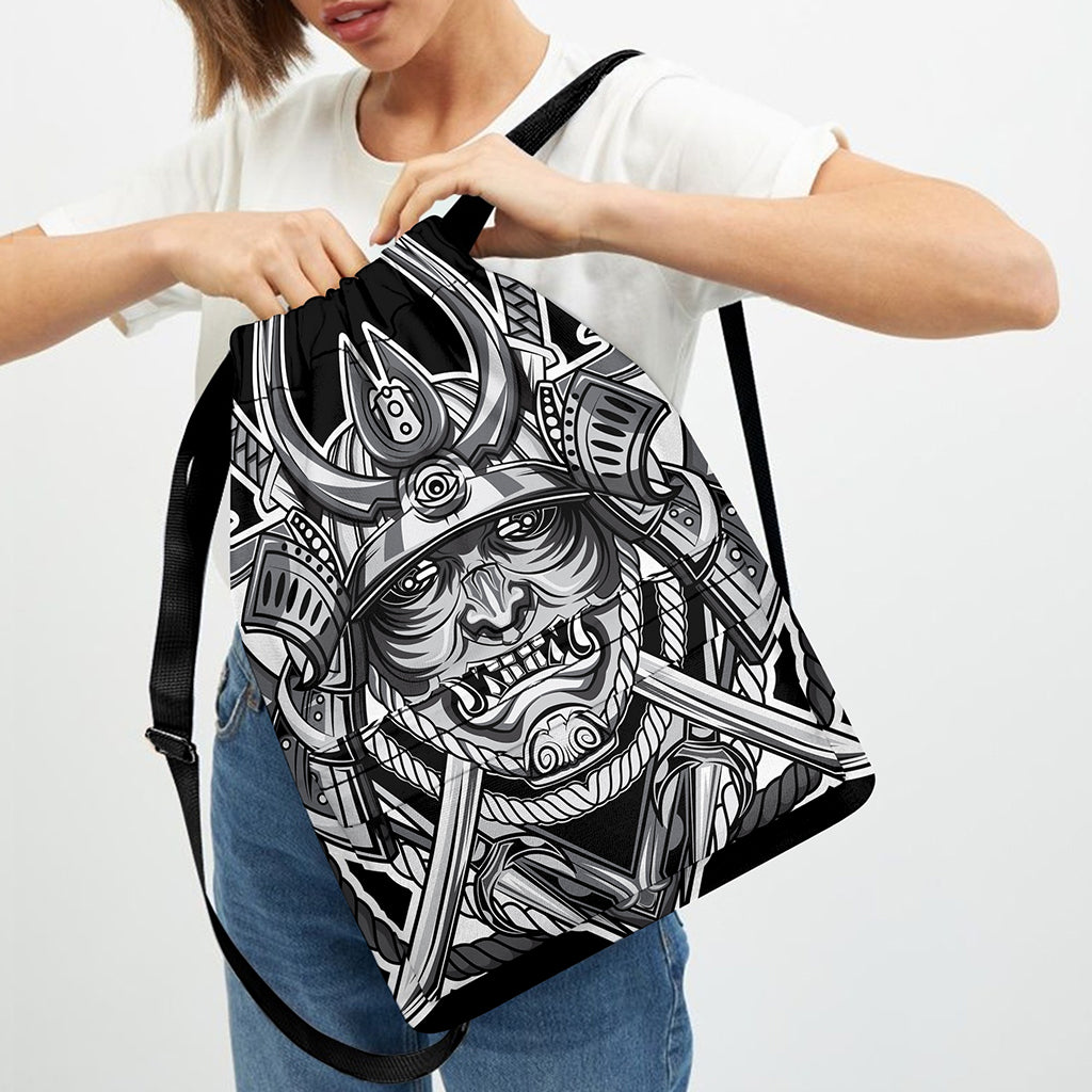 Silver Samurai Mask Print Drawstring Backpack