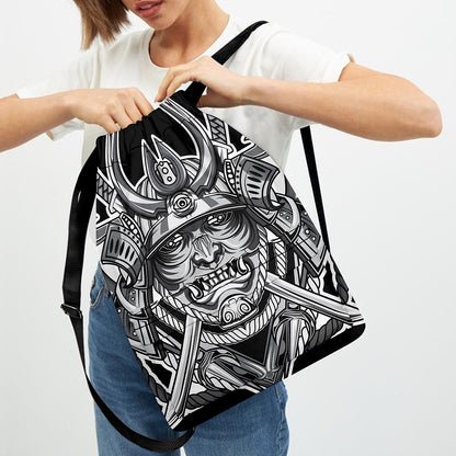 Silver Samurai Mask Print Drawstring Backpack
