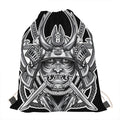 Silver Samurai Mask Print Drawstring Bag
