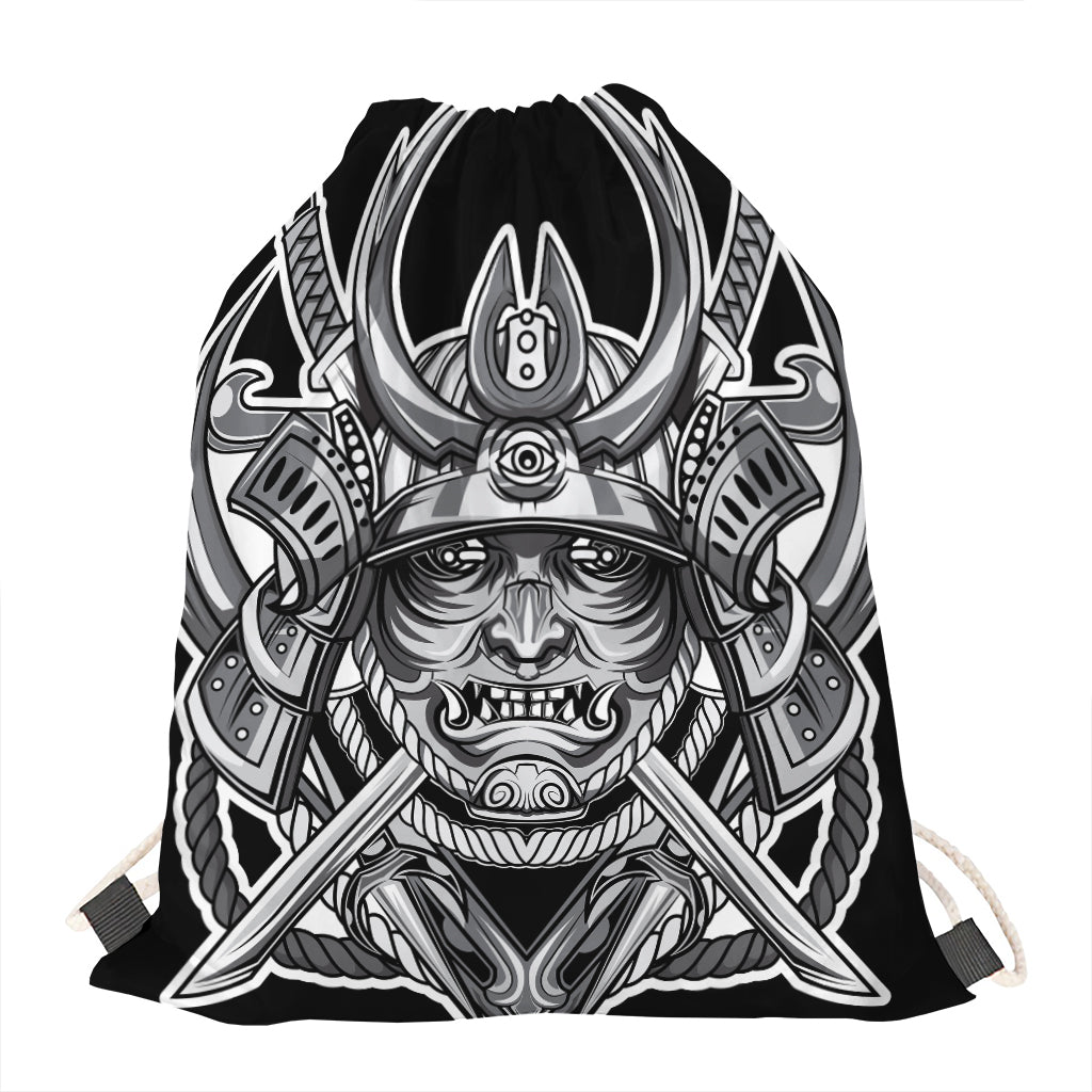 Silver Samurai Mask Print Drawstring Bag