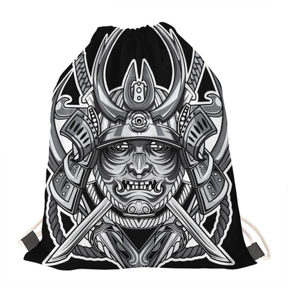 Silver Samurai Mask Print Drawstring Bag