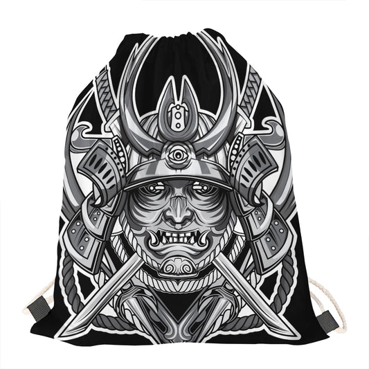 Silver Samurai Mask Print Drawstring Bag