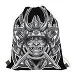 Silver Samurai Mask Print Drawstring Bag