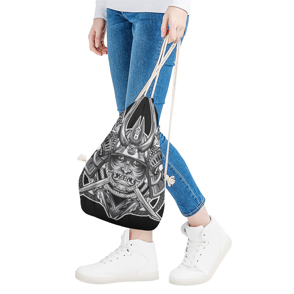 Silver Samurai Mask Print Drawstring Bag