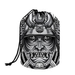 Silver Samurai Mask Print Drawstring Makeup Bag