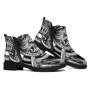 Silver Samurai Mask Print Flat Ankle Boots