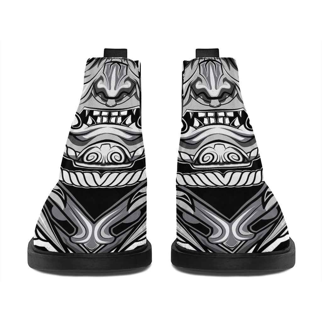 Silver Samurai Mask Print Flat Ankle Boots