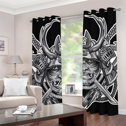 Silver Samurai Mask Print Grommet Curtains