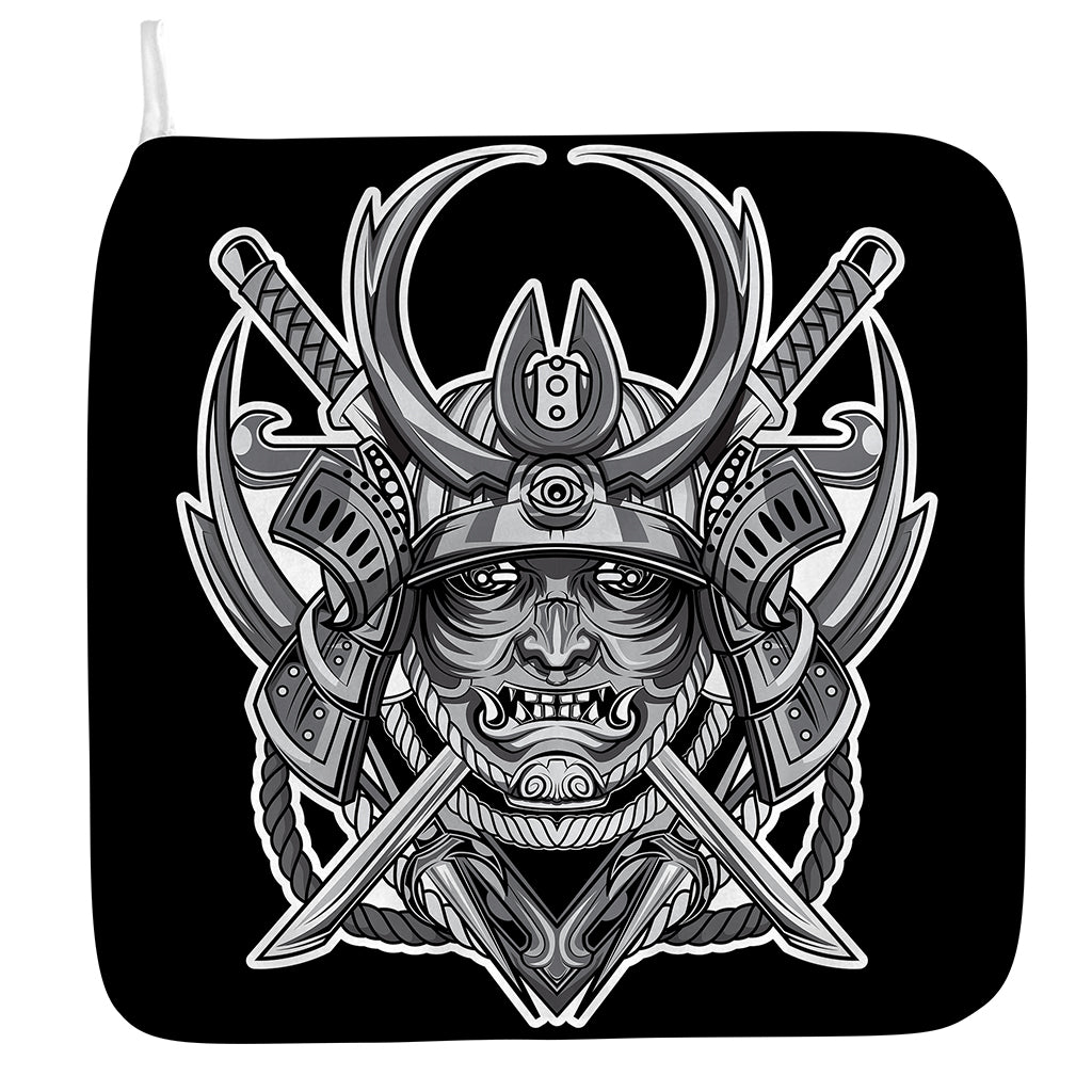 Silver Samurai Mask Print Hand Towel