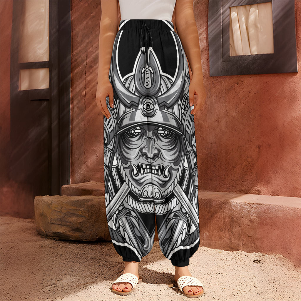 Silver Samurai Mask Print Harem Pants