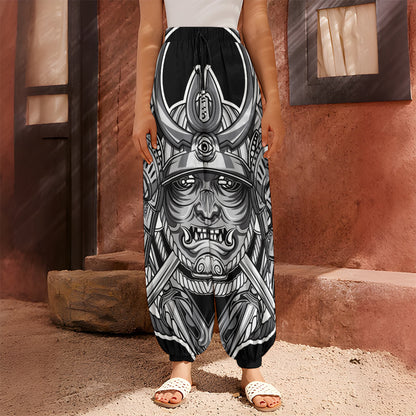 Silver Samurai Mask Print Harem Pants