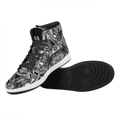 Silver Samurai Mask Print High Top Leather Sneakers