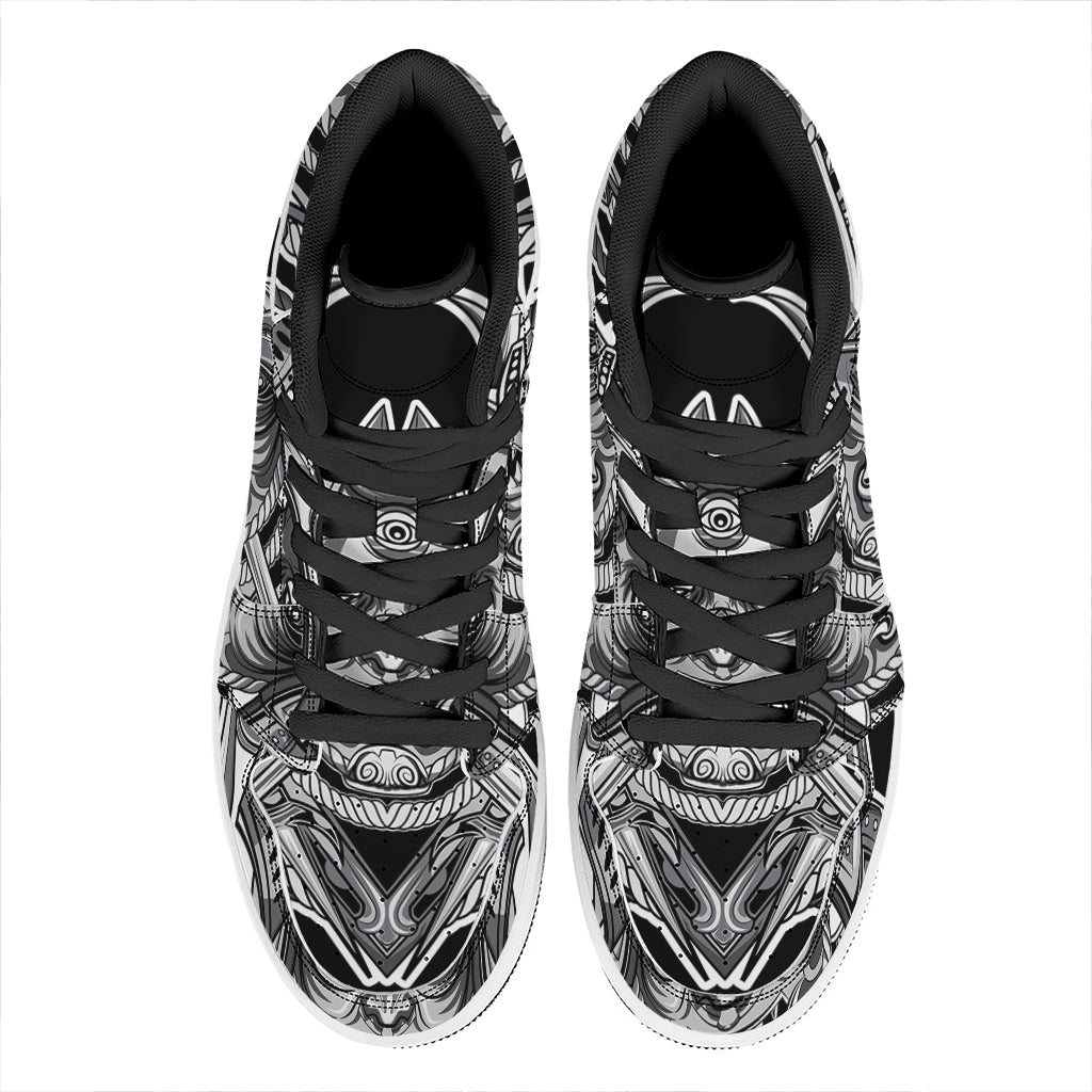Silver Samurai Mask Print High Top Leather Sneakers