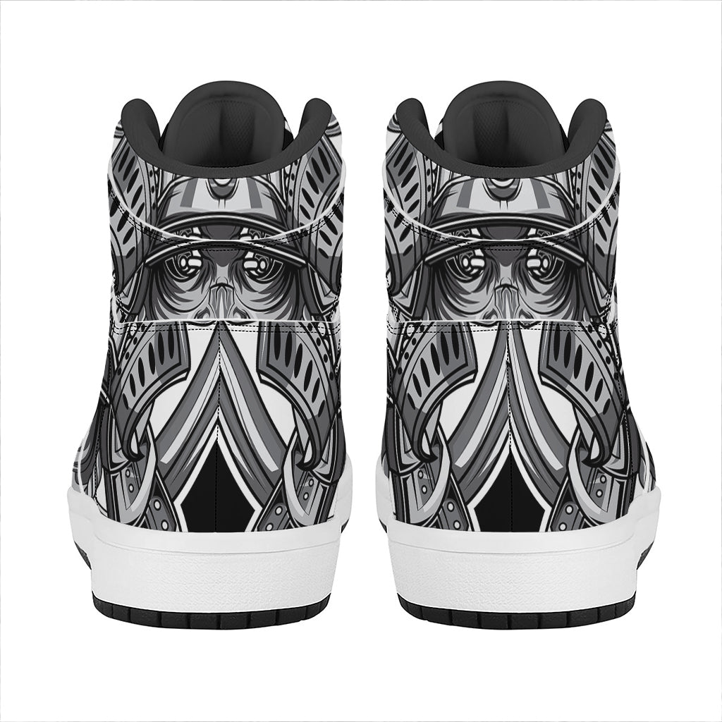 Silver Samurai Mask Print High Top Leather Sneakers