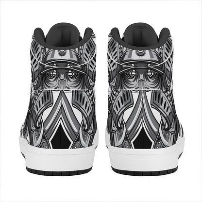 Silver Samurai Mask Print High Top Leather Sneakers