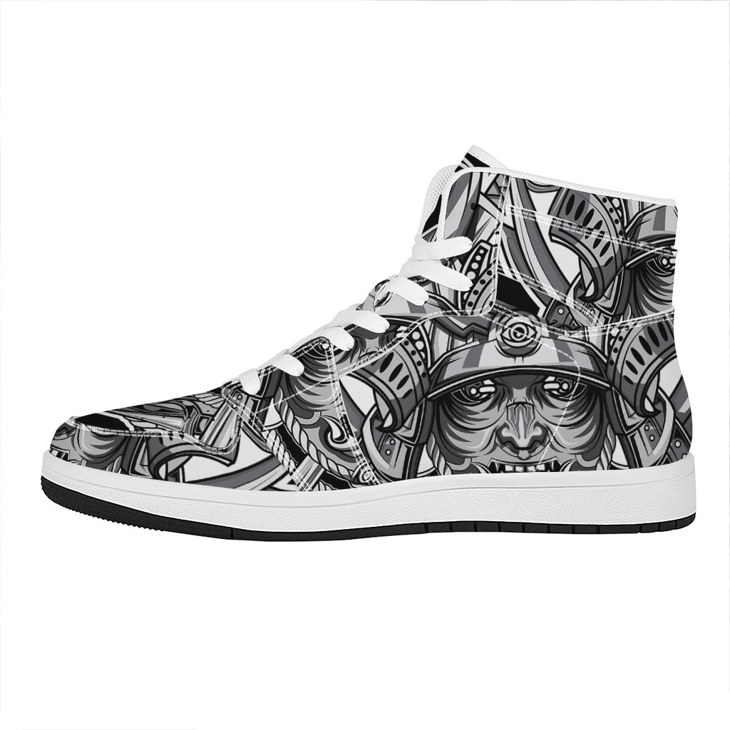 Silver Samurai Mask Print High Top Leather Sneakers
