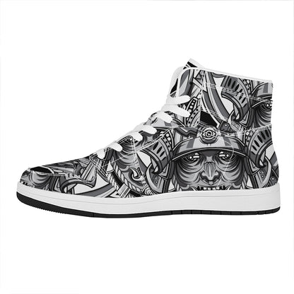 Silver Samurai Mask Print High Top Leather Sneakers