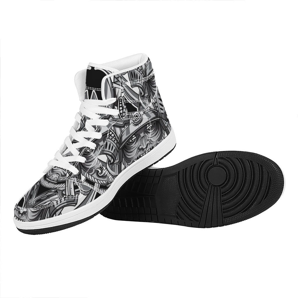 Silver Samurai Mask Print High Top Leather Sneakers
