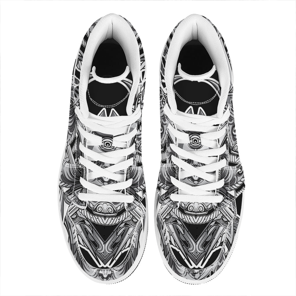 Silver Samurai Mask Print High Top Leather Sneakers