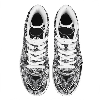 Silver Samurai Mask Print High Top Leather Sneakers