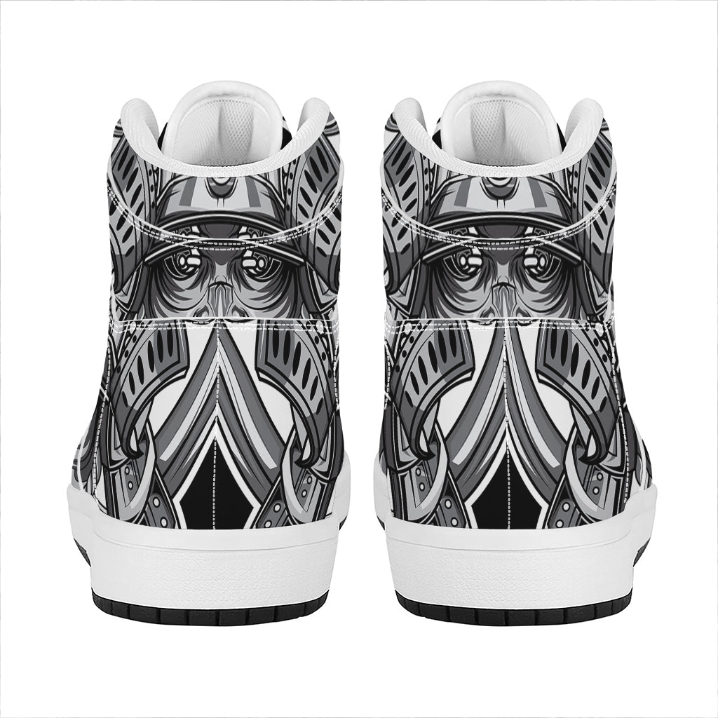 Silver Samurai Mask Print High Top Leather Sneakers
