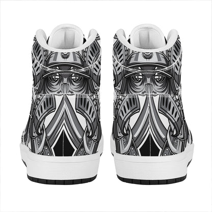 Silver Samurai Mask Print High Top Leather Sneakers
