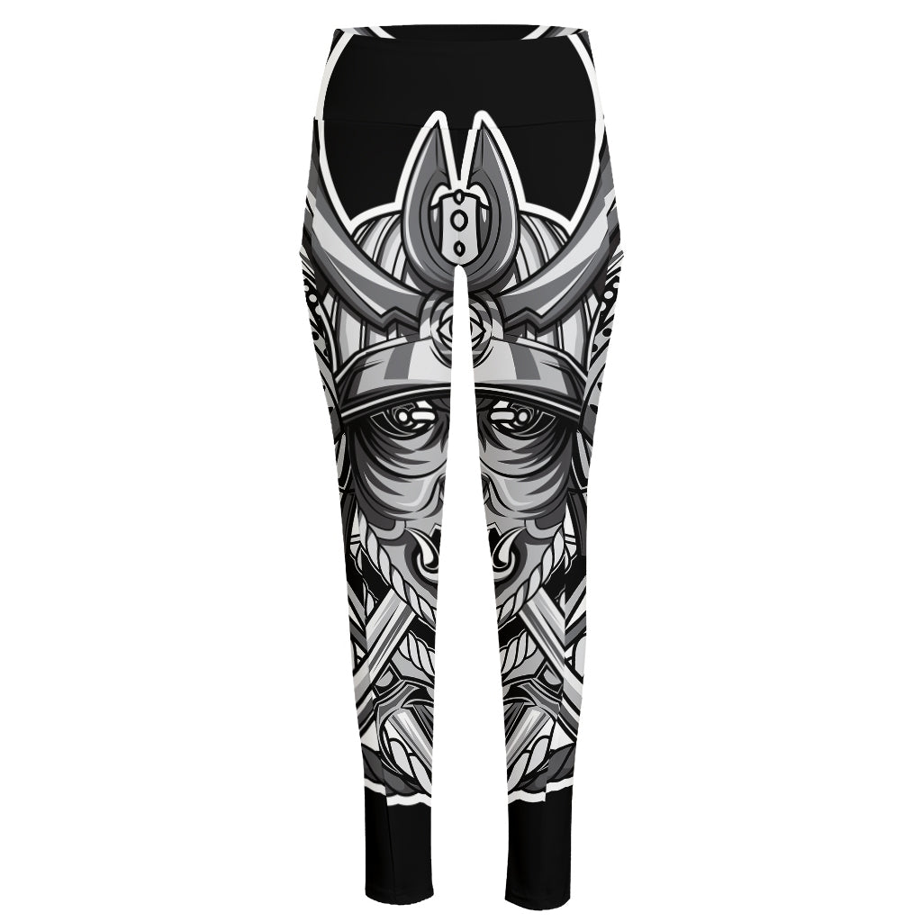 Silver Samurai Mask Print High-Waisted Pocket Leggings