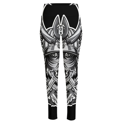 Silver Samurai Mask Print High-Waisted Pocket Leggings