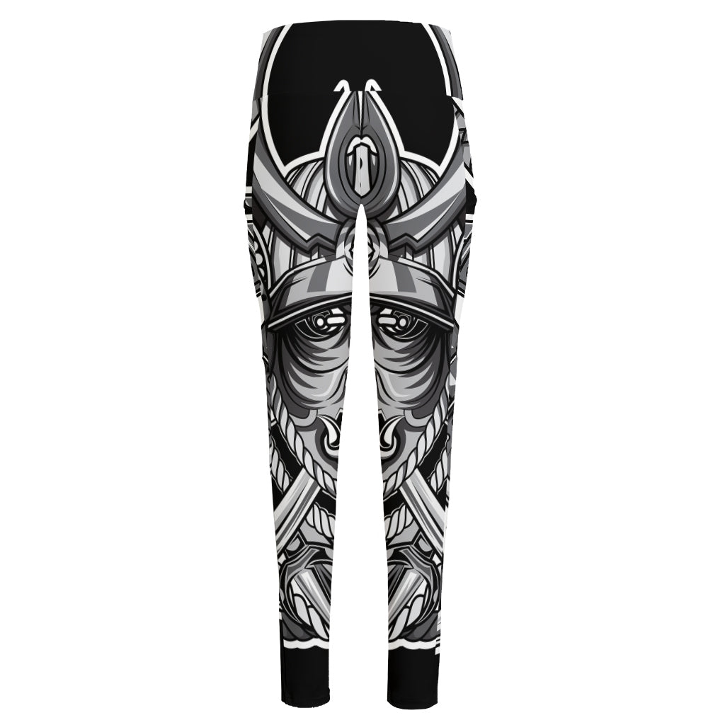 Silver Samurai Mask Print High-Waisted Pocket Leggings