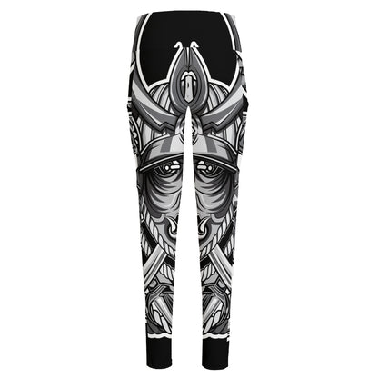 Silver Samurai Mask Print High-Waisted Pocket Leggings