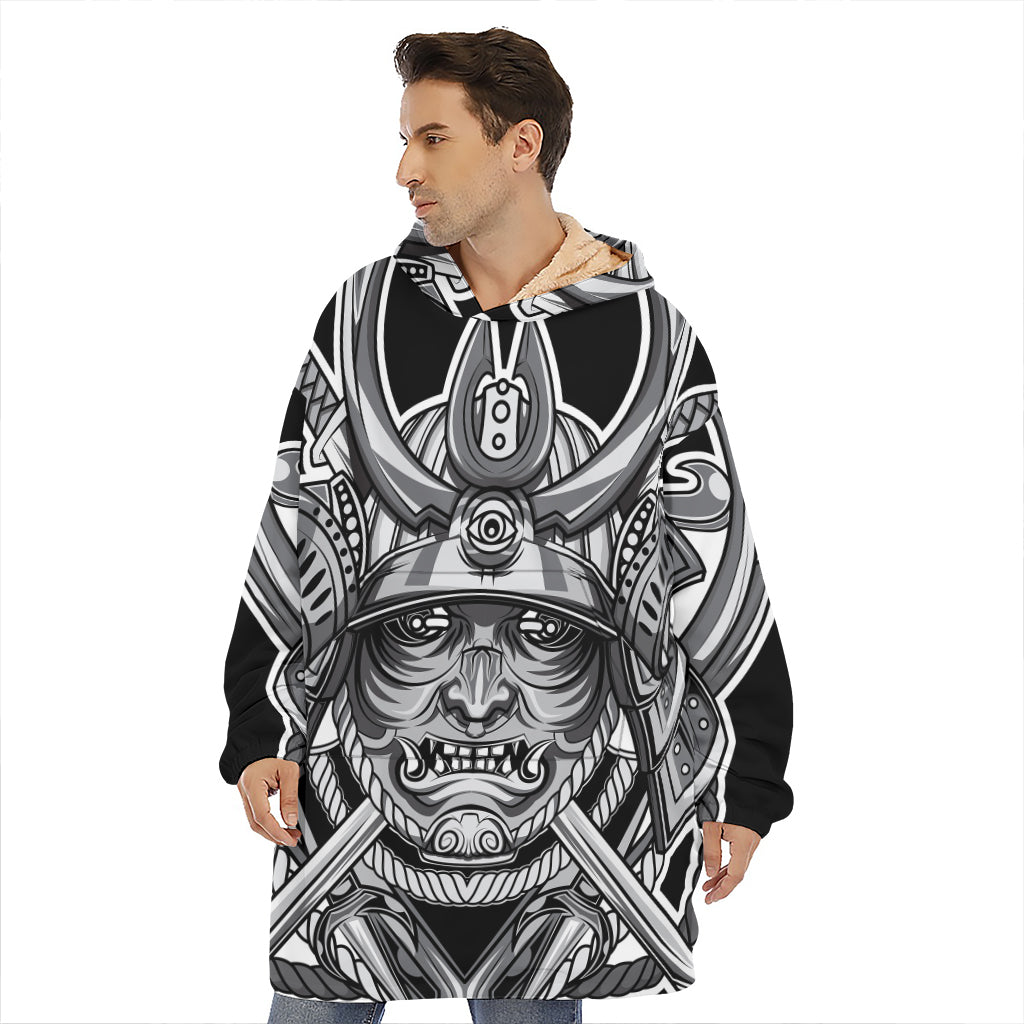 Silver Samurai Mask Print Hoodie Blanket