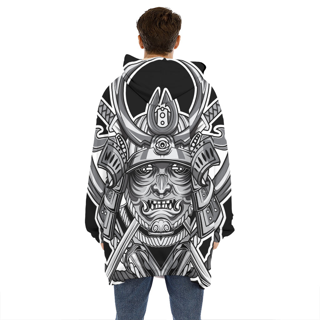 Silver Samurai Mask Print Hoodie Blanket